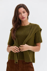 Remi Short Sleeve Faux Scarf Overlay Knit Top