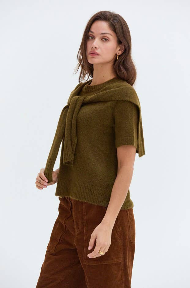 Remi Short Sleeve Faux Scarf Overlay Knit Top