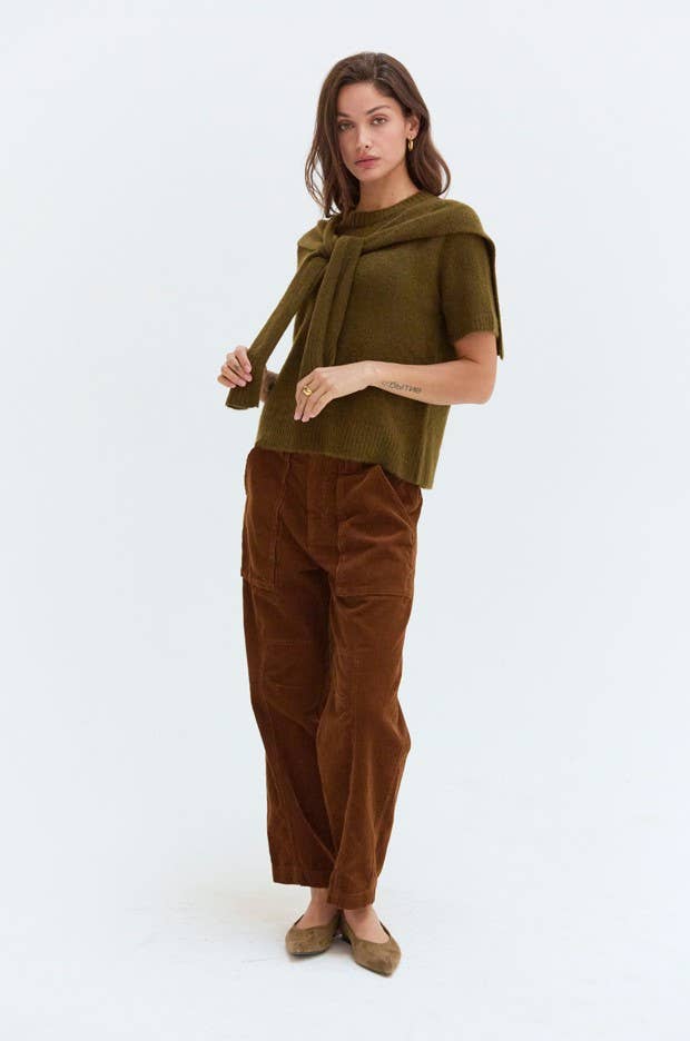 Remi Short Sleeve Faux Scarf Overlay Knit Top