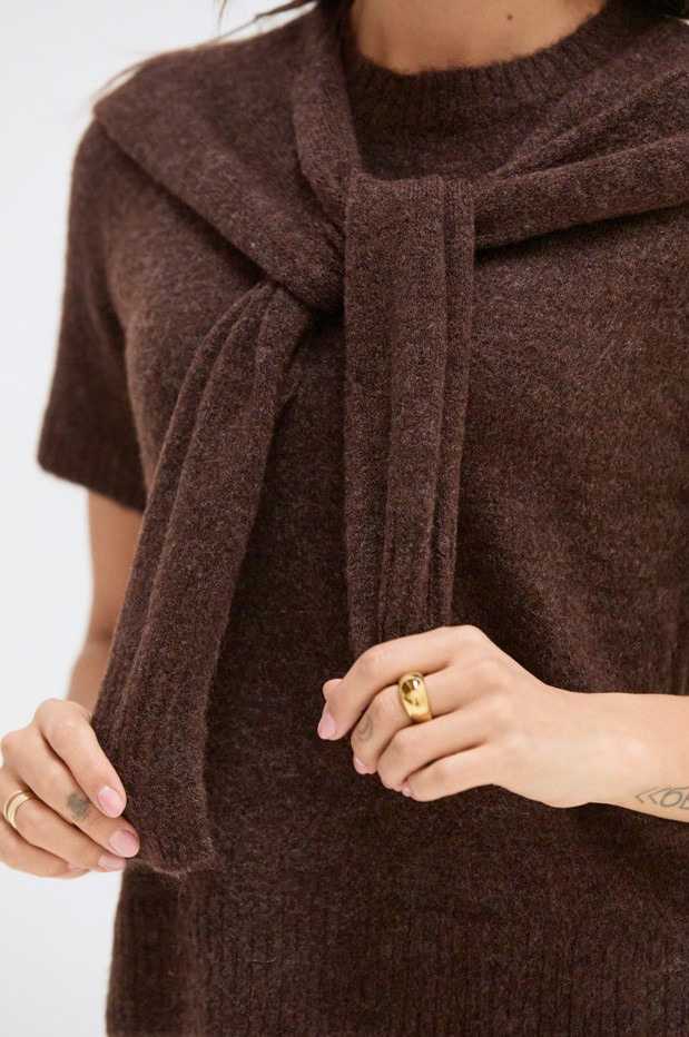 Remi Short Sleeve Faux Scarf Overlay Knit Top