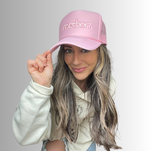 "mother." Embroidered Trucker Hat - Flamingo Pink