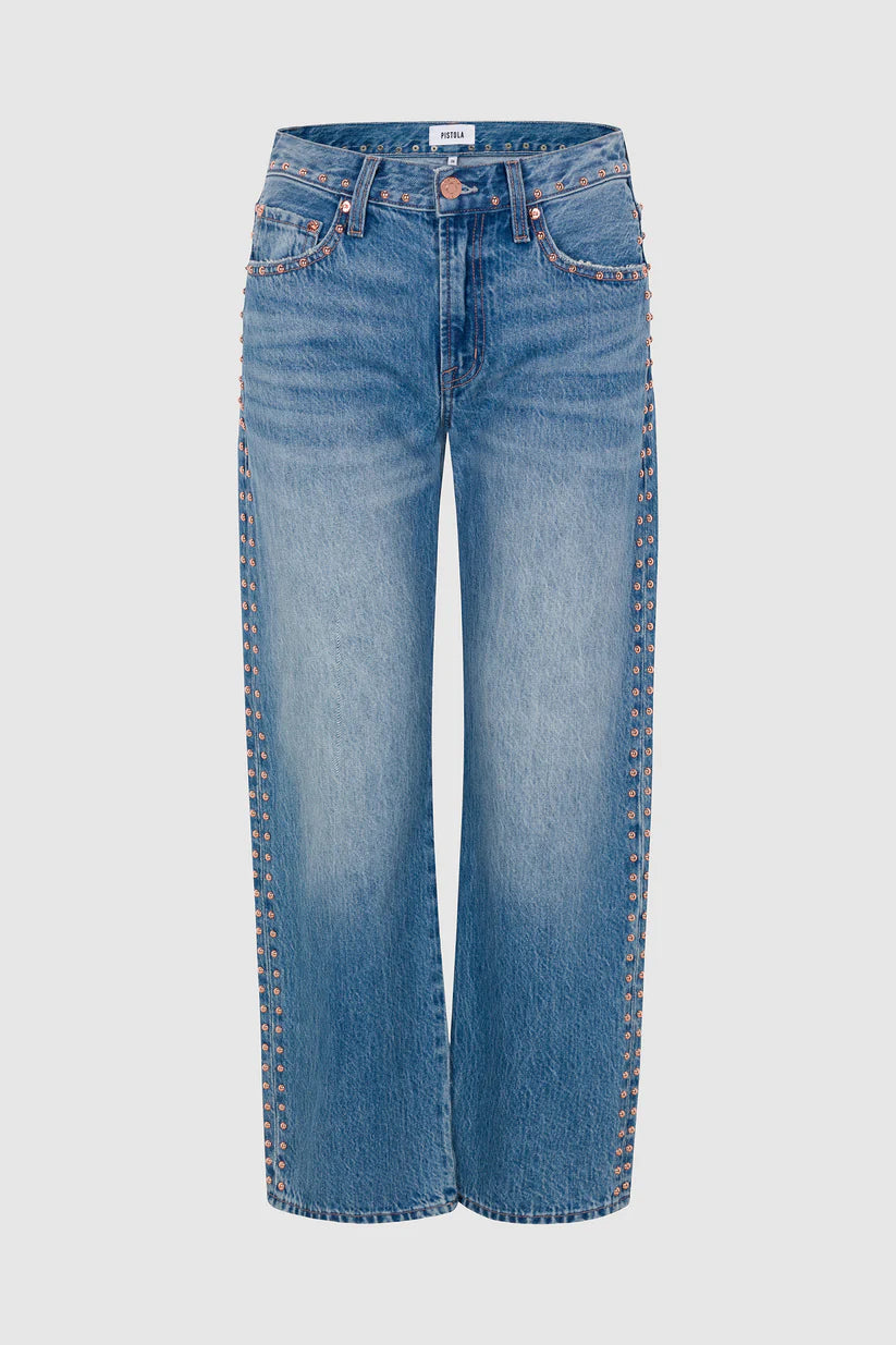 Lexi Mid Rise Bowed Straight Denim - Star Studded