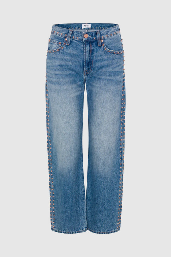 Lexi Mid Rise Bowed Straight Denim - Star Studded