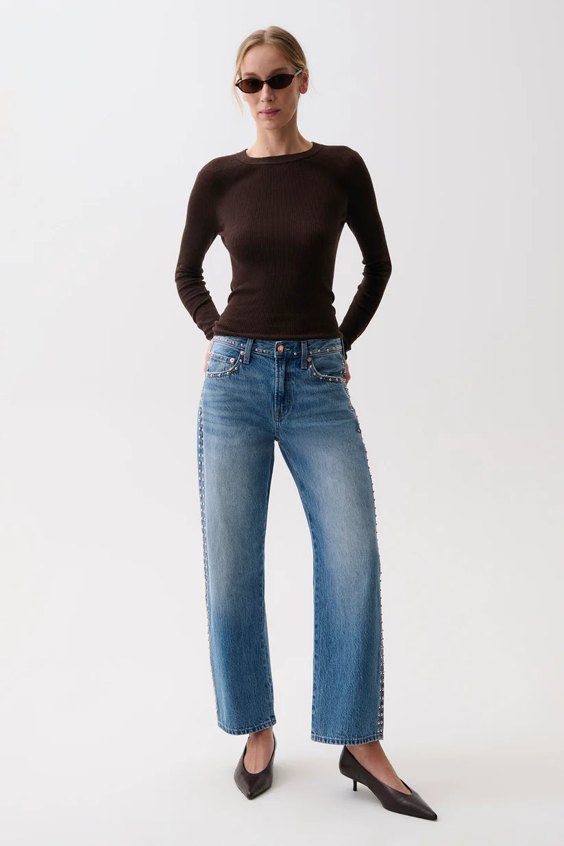 Lexi Mid Rise Bowed Straight Denim - Star Studded