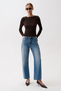 Lexi Mid Rise Bowed Straight Denim - Star Studded