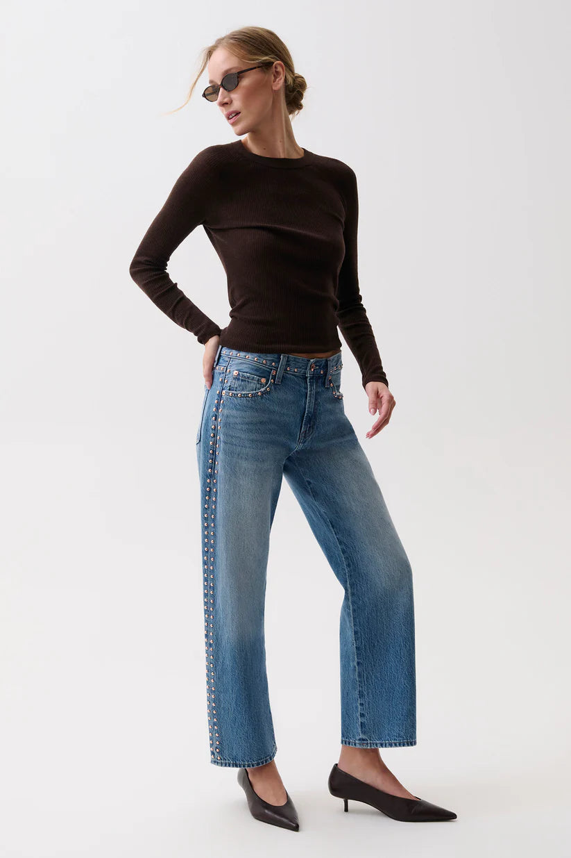 Lexi Mid Rise Bowed Straight Denim - Star Studded