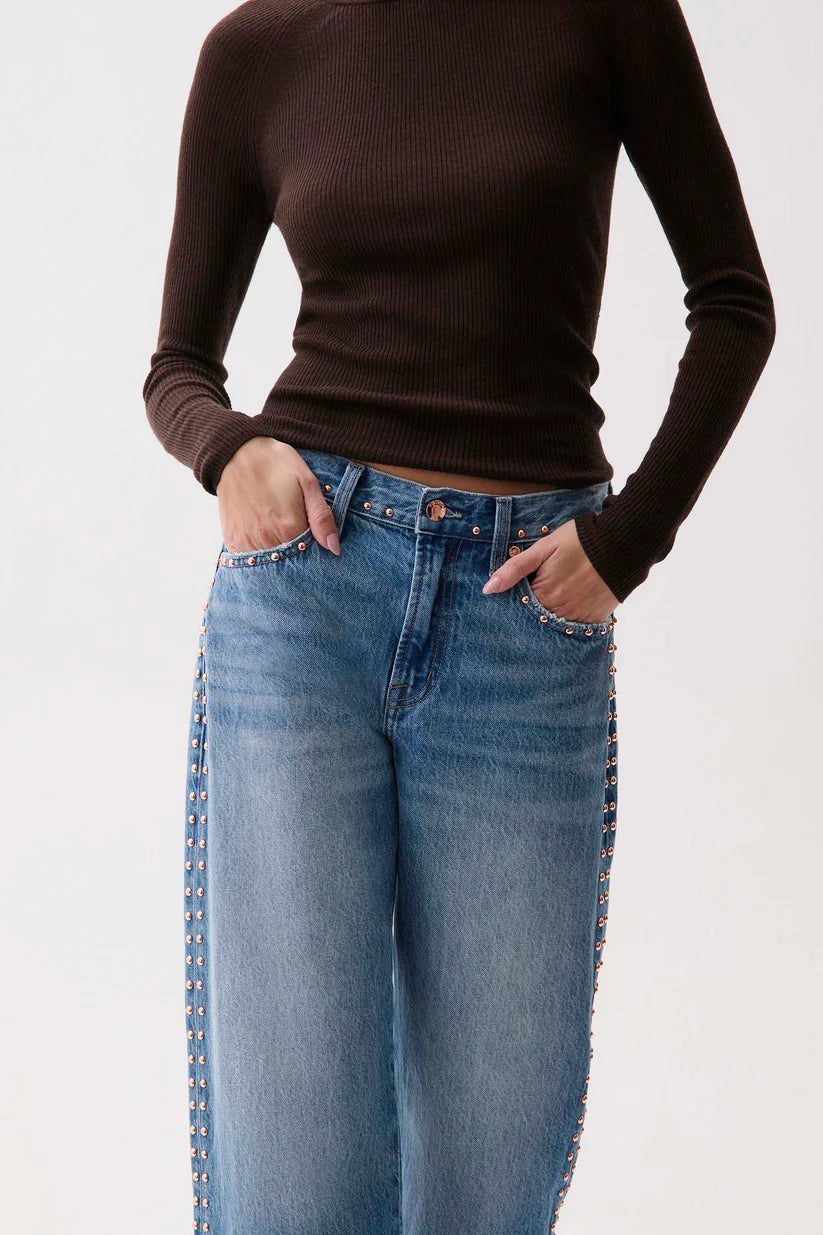 Lexi Mid Rise Bowed Straight Denim - Star Studded
