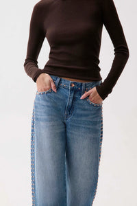 Lexi Mid Rise Bowed Straight Denim - Star Studded