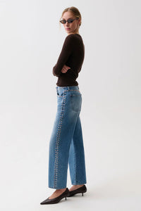 Lexi Mid Rise Bowed Straight Denim - Star Studded