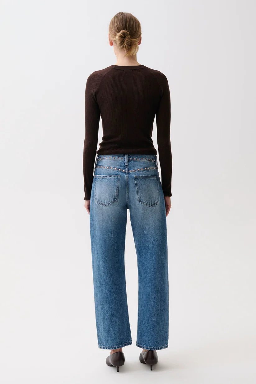 Lexi Mid Rise Bowed Straight Denim - Star Studded